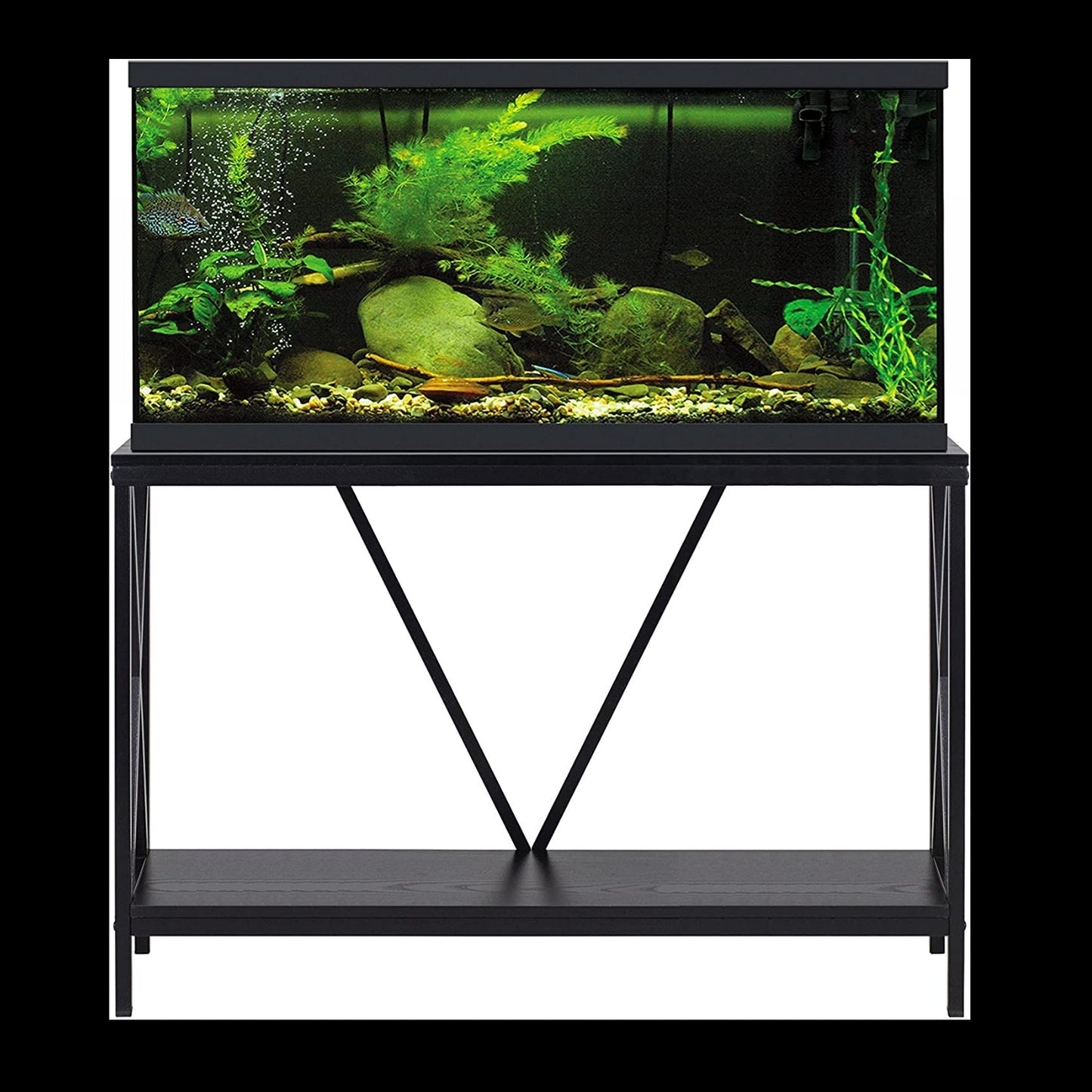 Aquatic Fundamentals 40-55 Gallon Black Steel X-Frame Aquarium Stand with lower shelf